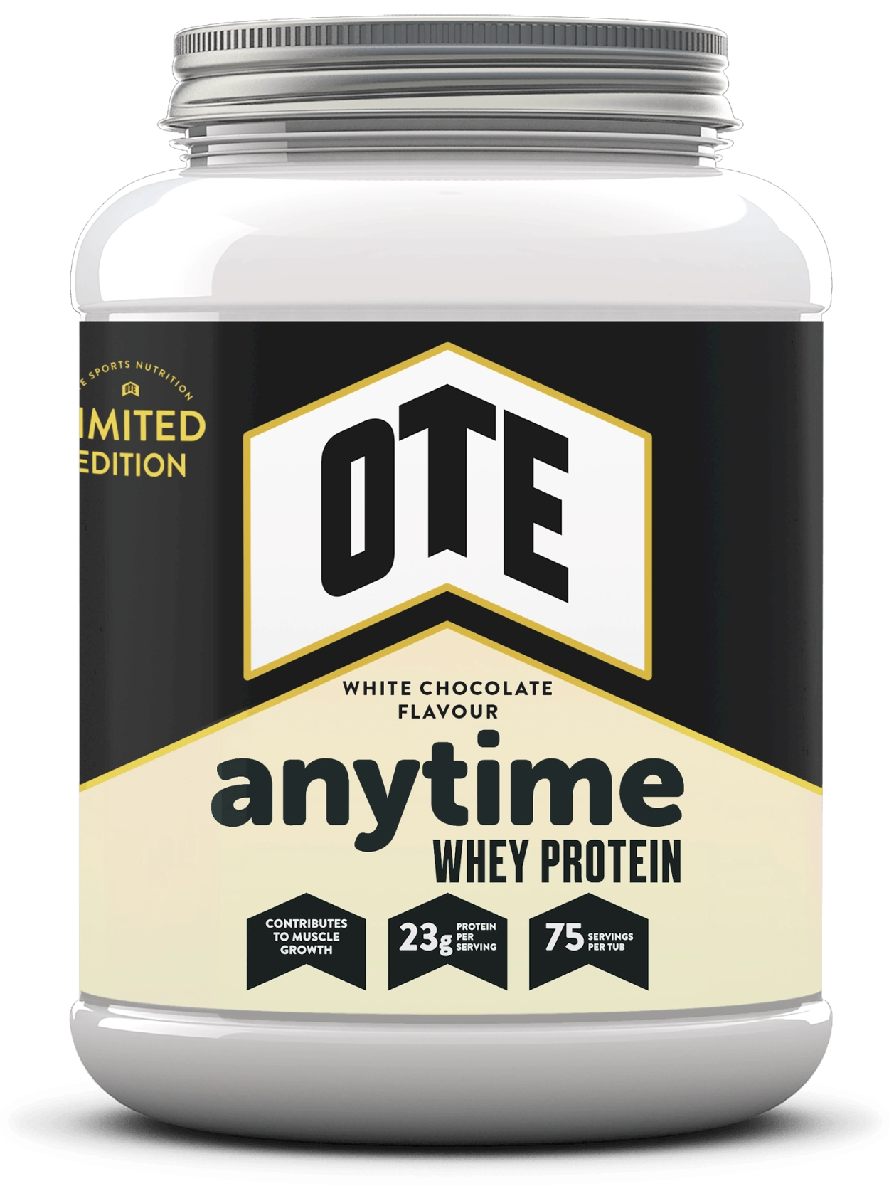 OTE Sports Anytime Whey Protein - White Chocolate - whey protein tub in white chocolate flavour