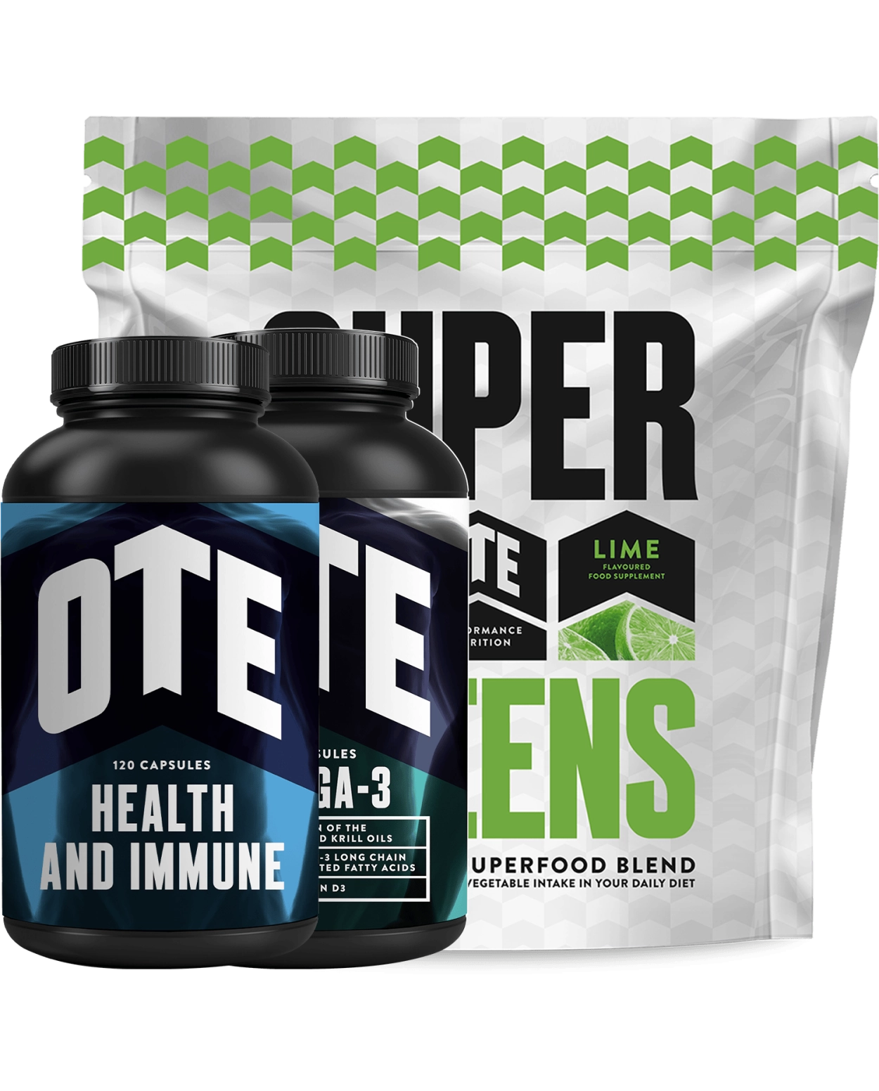 OTE Sports Monthly Supplement Pack with OTE super greens, OTE omega capsules and OTE health and immune capsules